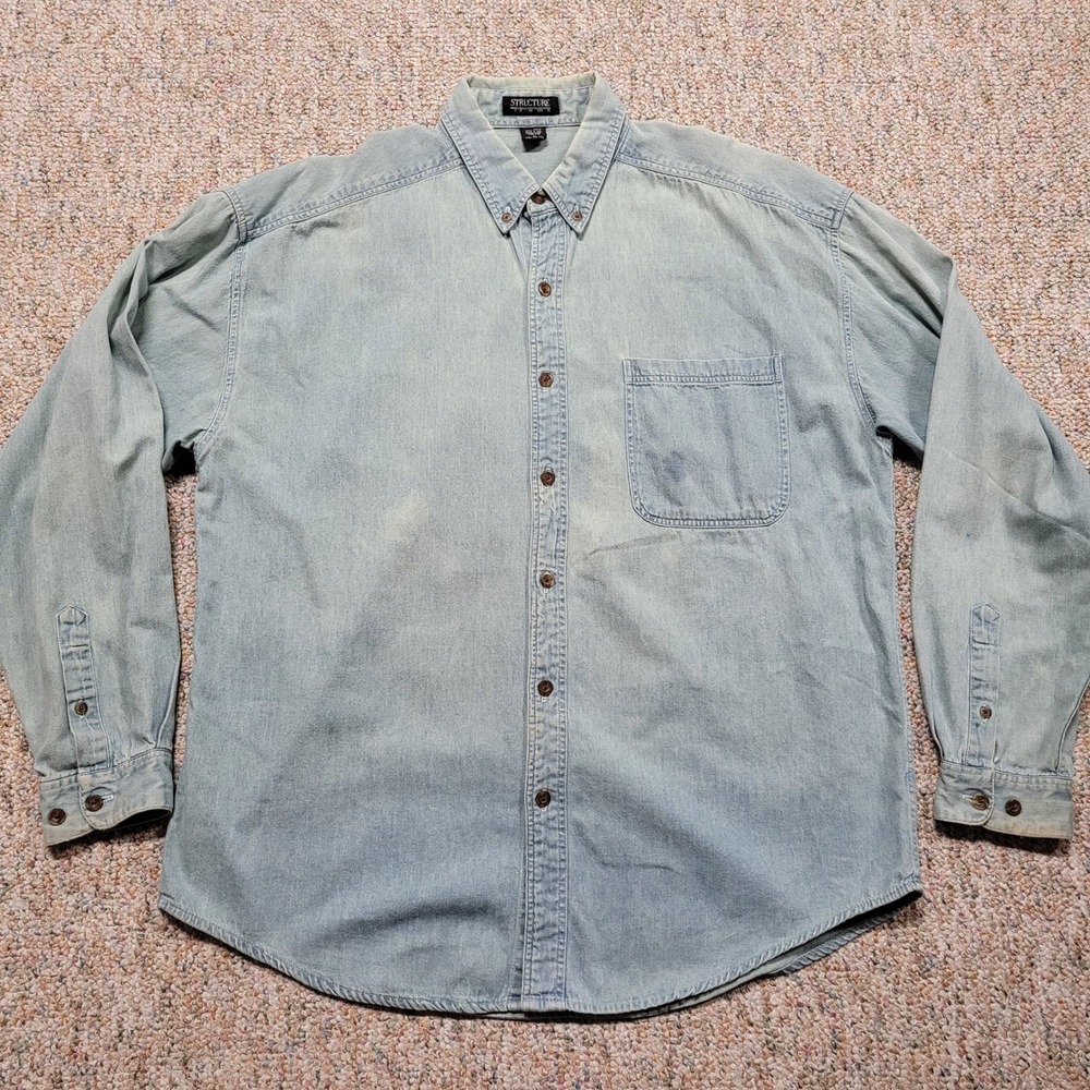 Structure Denim Shirt Mens Large Light Wash Fade Vintage 90s Button Down Cotton
